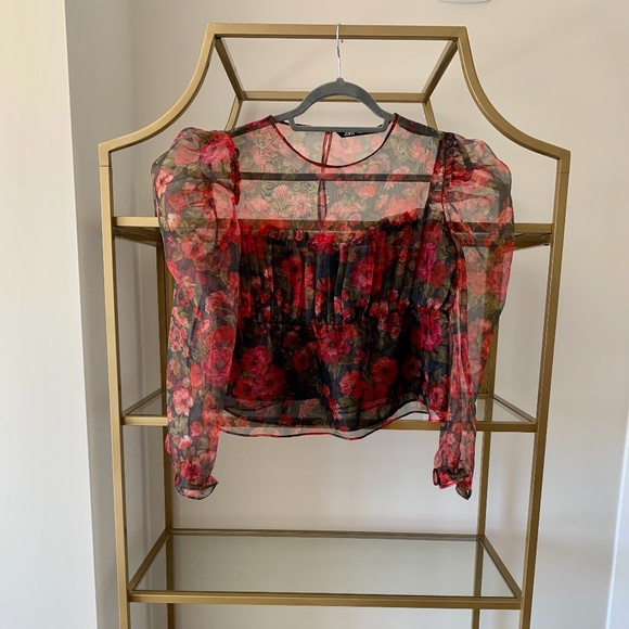 Zara Tops - Flouncy Red & Black Floral Print Semi-Sheer Blouse